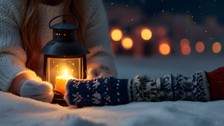 woman holding lantern snow with christmas lights background