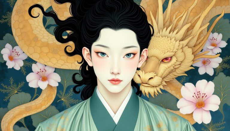 mystical guardian portrait with dragon cherry blossoms