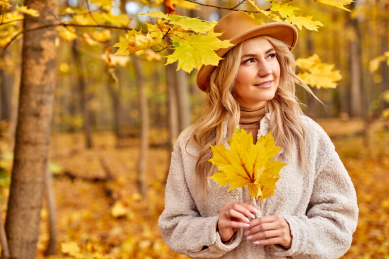 lady enjoy being autumn forest nature beautiful caucasian blonde woman hat